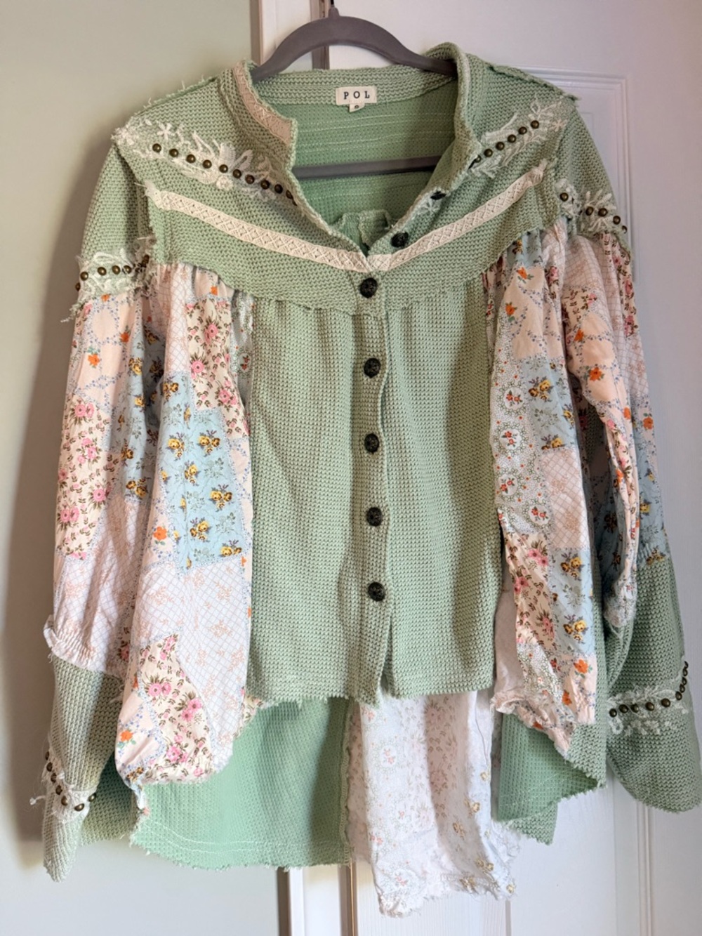POL Sage Green Textured Knit Cardigan Top
